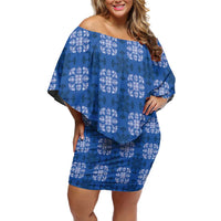Royal Blue Hawaiian Quilt Off Shoulder Short Dress Hawaii Pineapple Monstera Palaka Motifs - Polynesian Pride