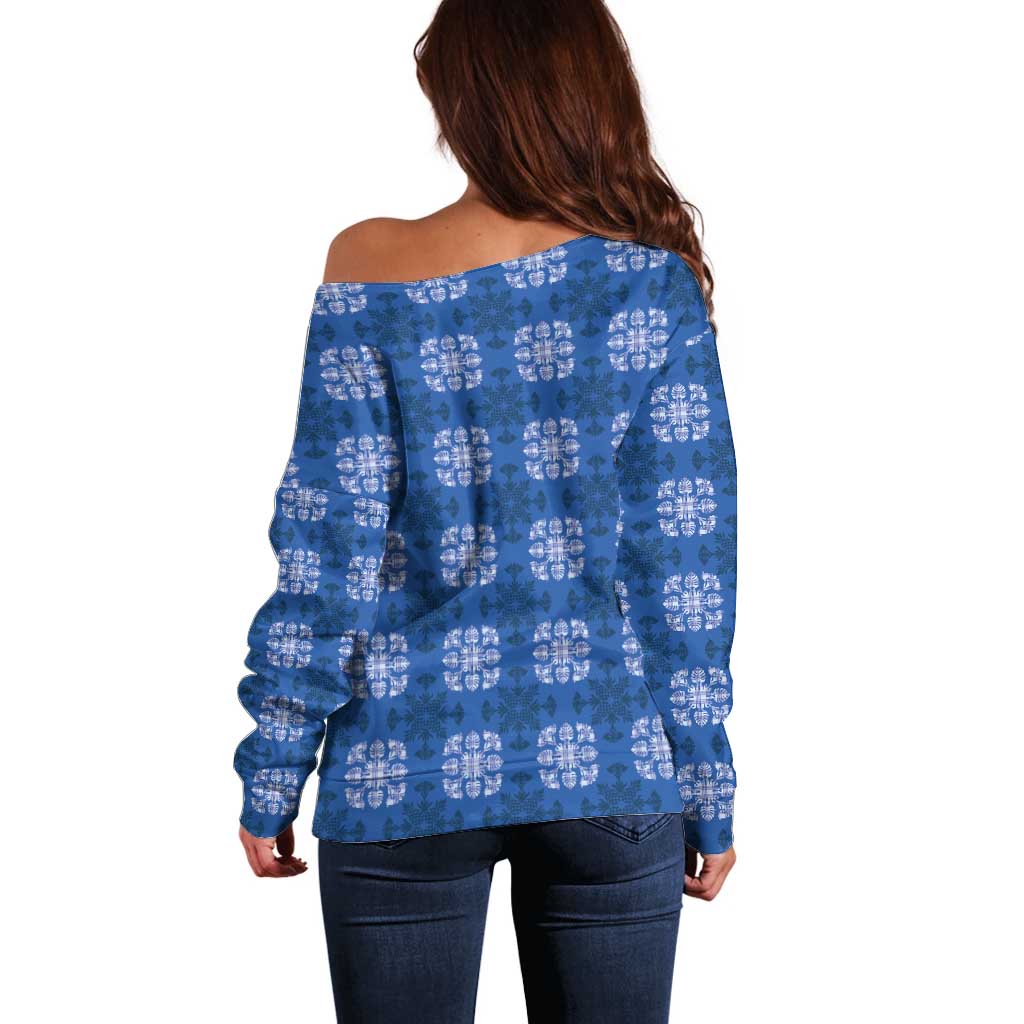 Royal Blue Hawaiian Quilt Off Shoulder Sweater Hawaii Pineapple Monstera Palaka Motifs - Polynesian Pride