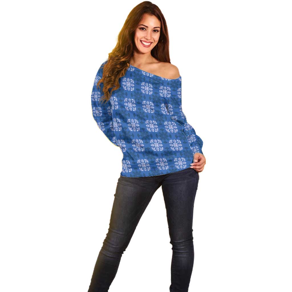 Royal Blue Hawaiian Quilt Off Shoulder Sweater Hawaii Pineapple Monstera Palaka Motifs - Polynesian Pride