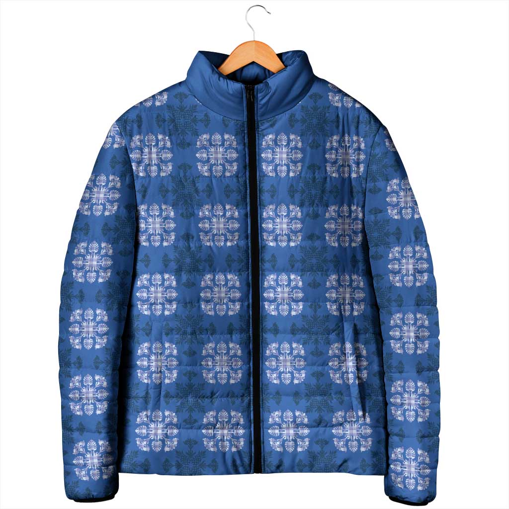 Royal Blue Hawaiian Quilt Padded Jacket Hawaii Pineapple Monstera Palaka Motifs - Polynesian Pride