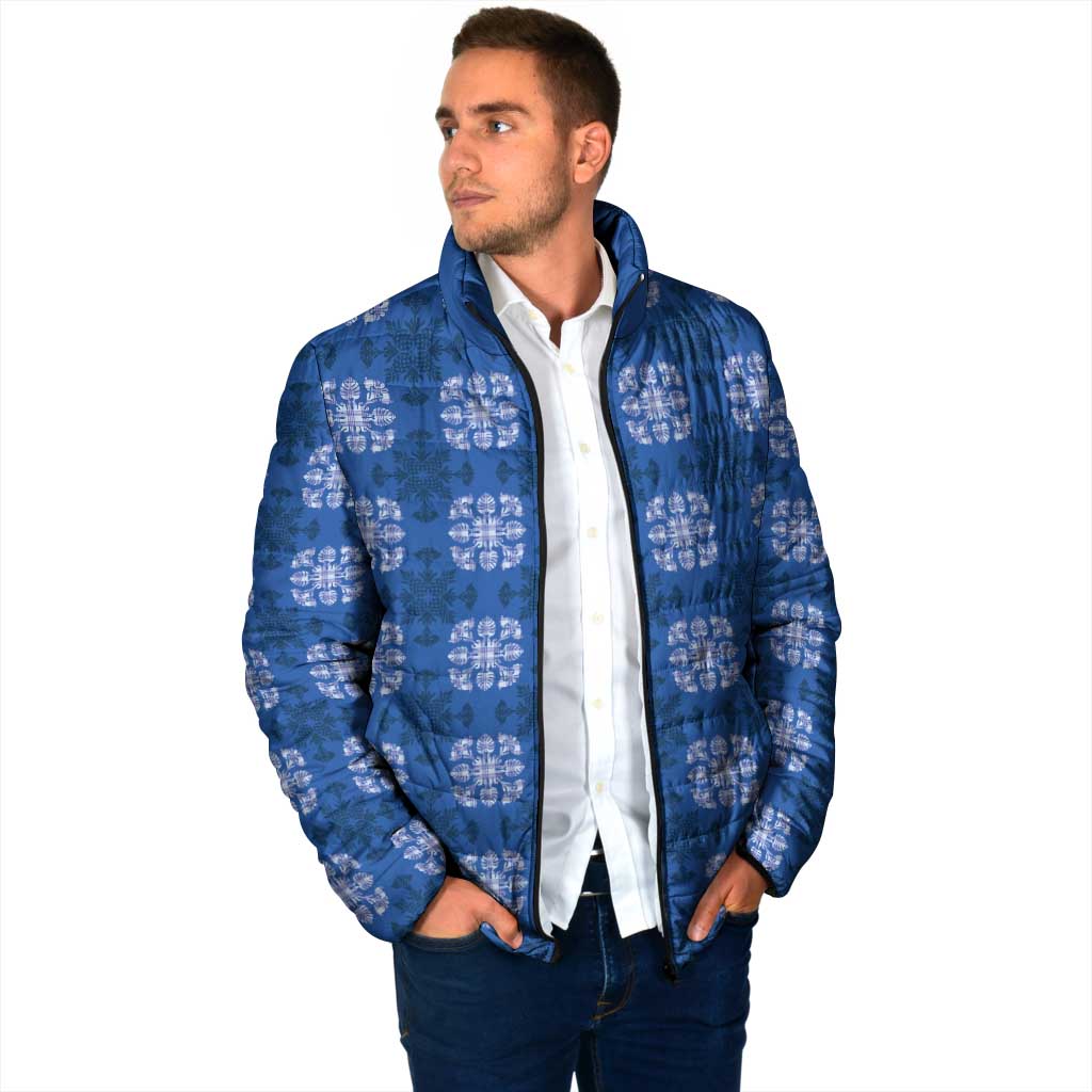 Royal Blue Hawaiian Quilt Padded Jacket Hawaii Pineapple Monstera Palaka Motifs - Polynesian Pride