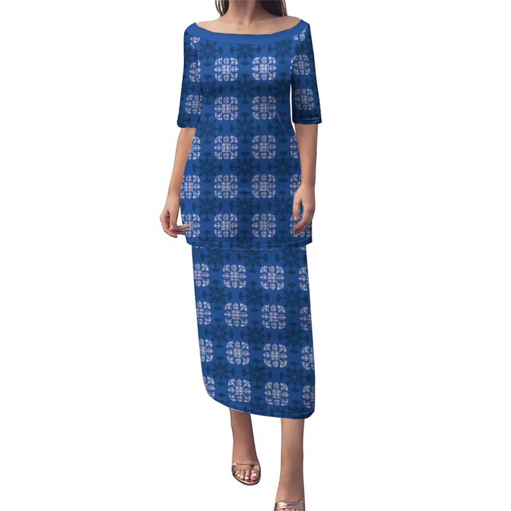 Royal Blue Hawaiian Quilt Puletasi Hawaii Pineapple Monstera Palaka Motifs - Polynesian Pride