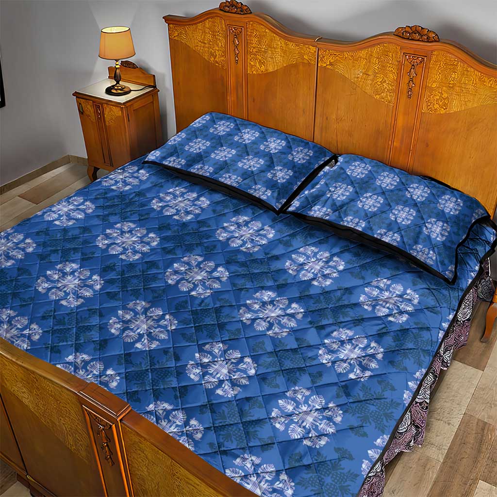 Royal Blue Hawaiian Quilt Quilt Bed Set Hawaii Pineapple Monstera Palaka Motifs - Polynesian Pride