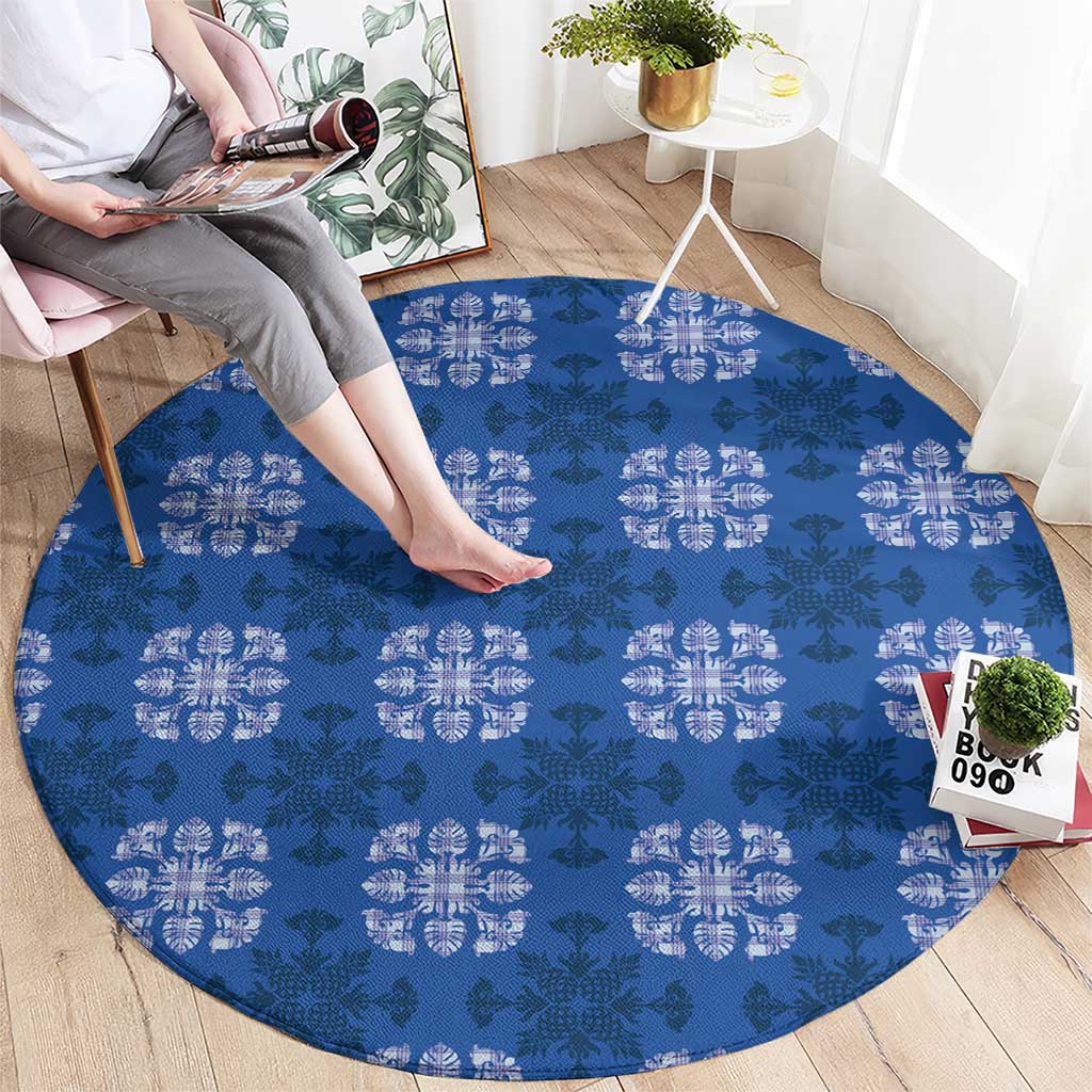 Royal Blue Hawaiian Quilt Round Carpet Hawaii Pineapple Monstera Palaka Motifs - Polynesian Pride