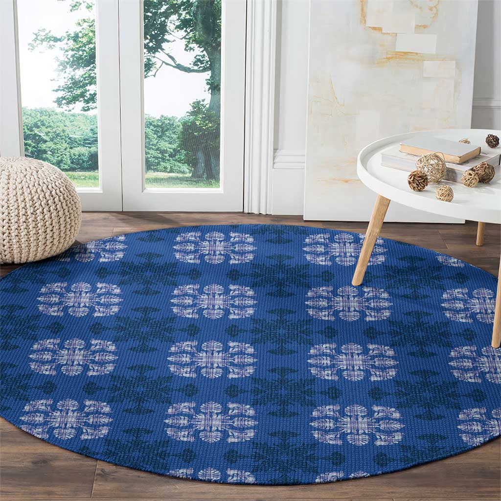 Royal Blue Hawaiian Quilt Round Carpet Hawaii Pineapple Monstera Palaka Motifs - Polynesian Pride