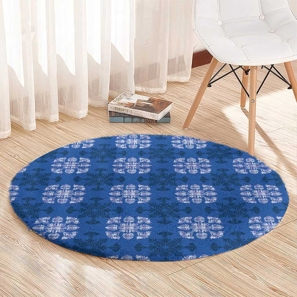 Royal Blue Hawaiian Quilt Round Carpet Hawaii Pineapple Monstera Palaka Motifs - Polynesian Pride