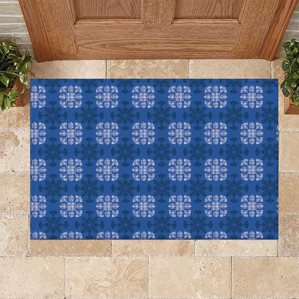 Royal Blue Hawaiian Quilt Rubber Doormat Hawaii Pineapple Monstera Palaka Motifs - Polynesian Pride