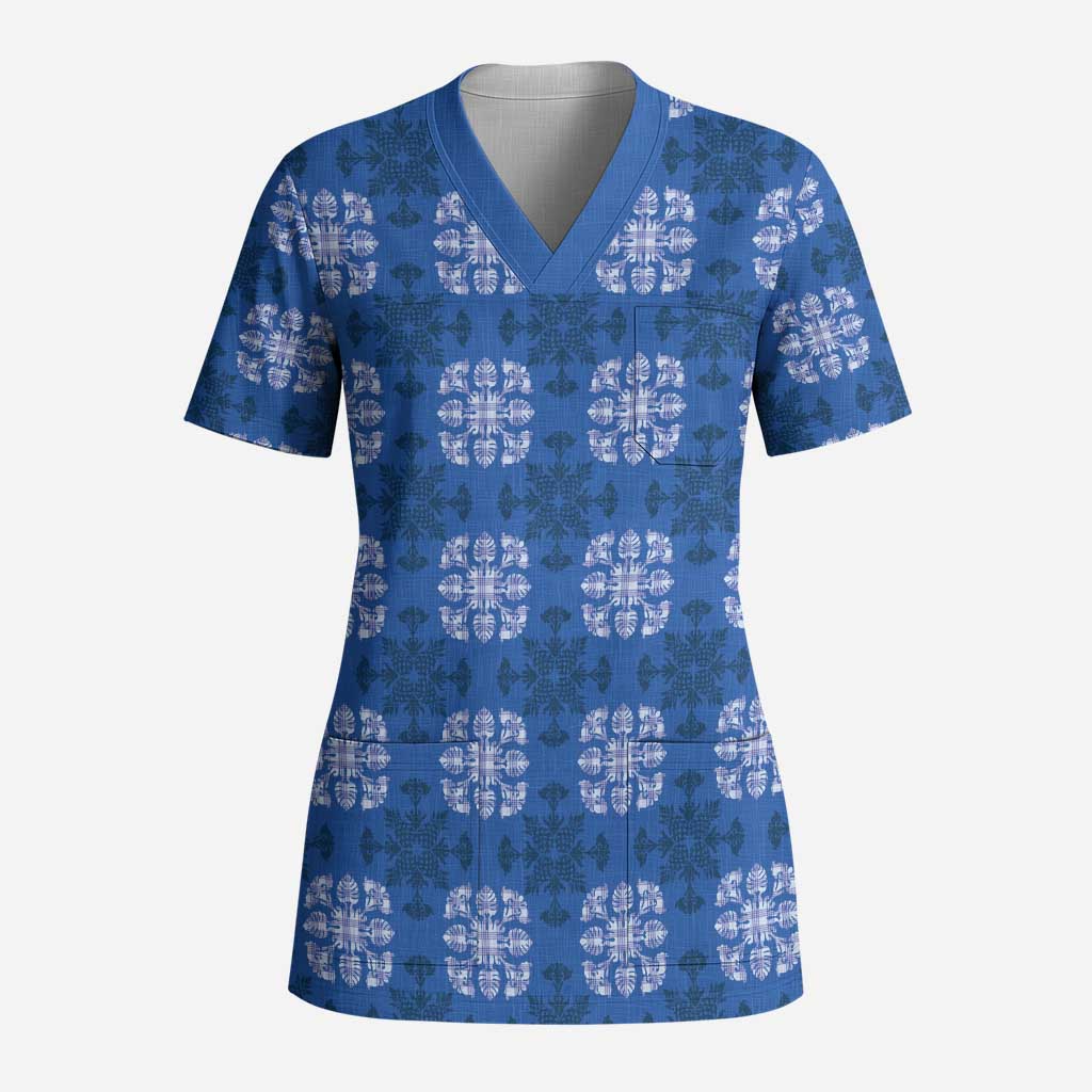 Royal Blue Hawaiian Quilt Scrub Top Hawaii Pineapple Monstera Palaka Motifs LT14 Adult Royal Blue - Polynesian Pride