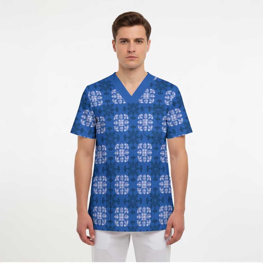 Royal Blue Hawaiian Quilt Scrub Top Hawaii Pineapple Monstera Palaka Motifs - Polynesian Pride