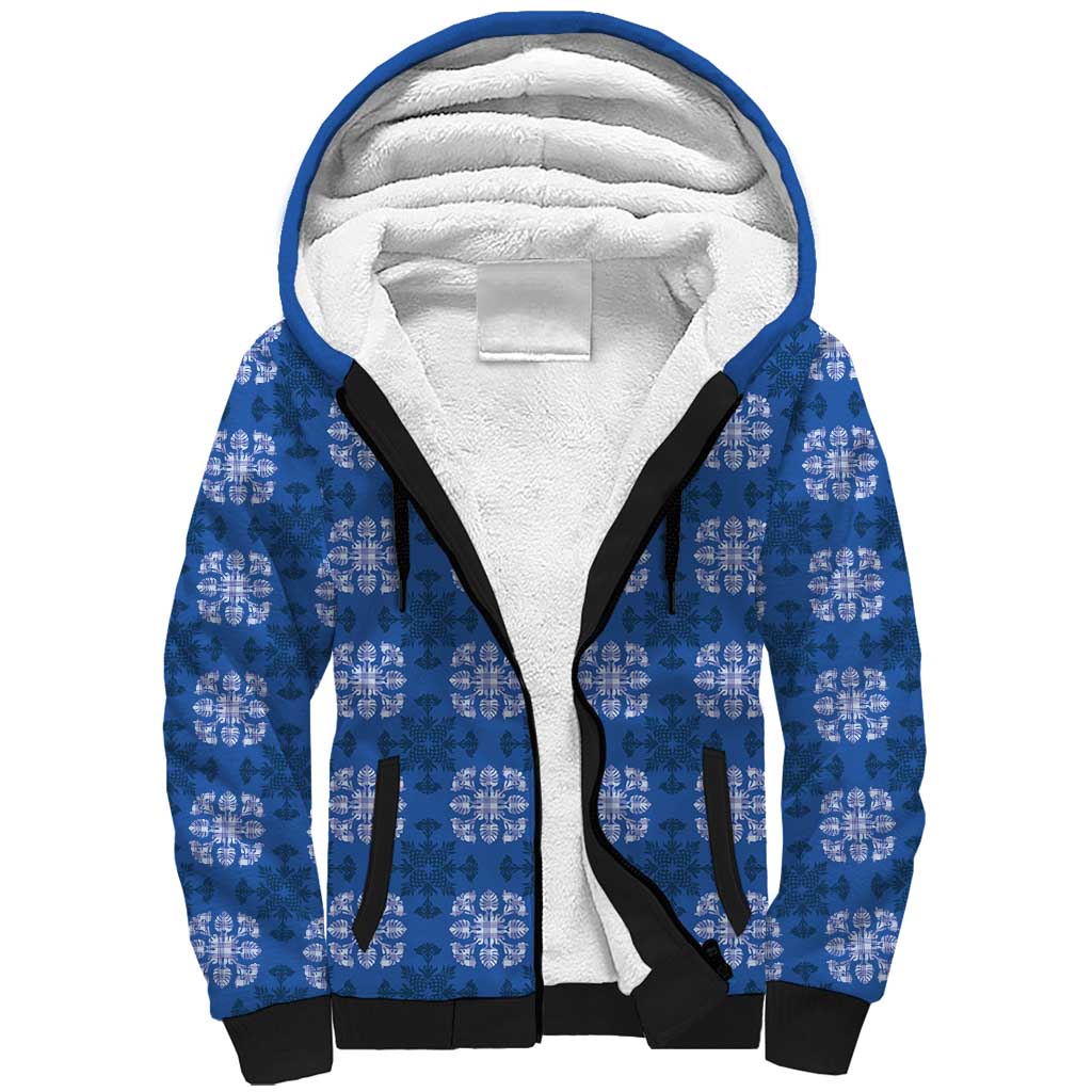 Royal Blue Hawaiian Quilt Sherpa Hoodie Hawaii Pineapple Monstera Palaka Motifs - Polynesian Pride