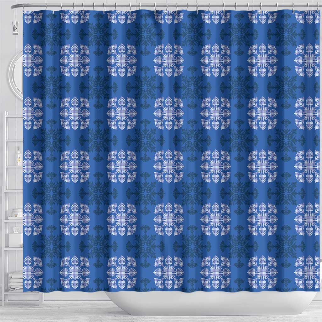 Royal Blue Hawaiian Quilt Shower Curtain Hawaii Pineapple Monstera Palaka Motifs - Polynesian Pride