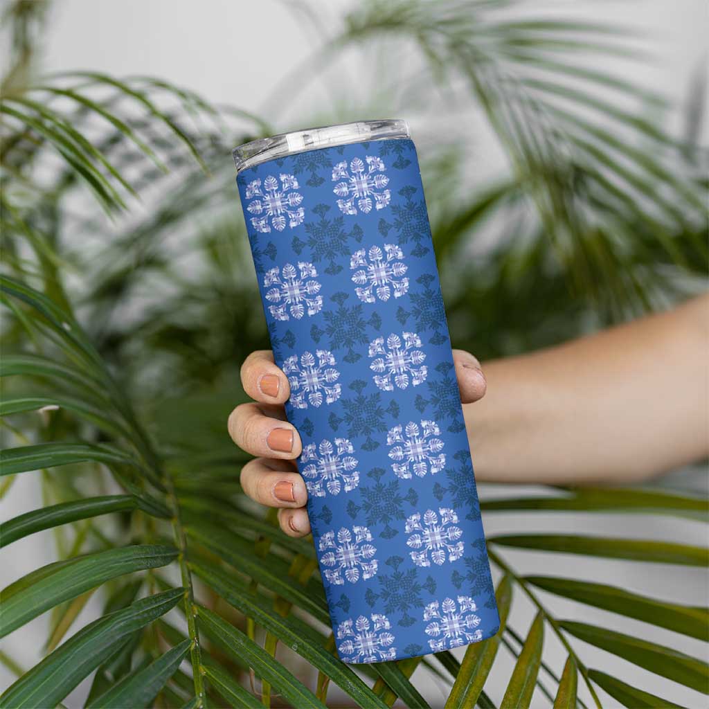 Royal Blue Hawaiian Quilt Skinny Tumbler Hawaii Pineapple Monstera Palaka Motifs - Polynesian Pride