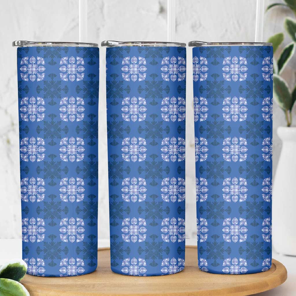 Royal Blue Hawaiian Quilt Skinny Tumbler Hawaii Pineapple Monstera Palaka Motifs - Polynesian Pride