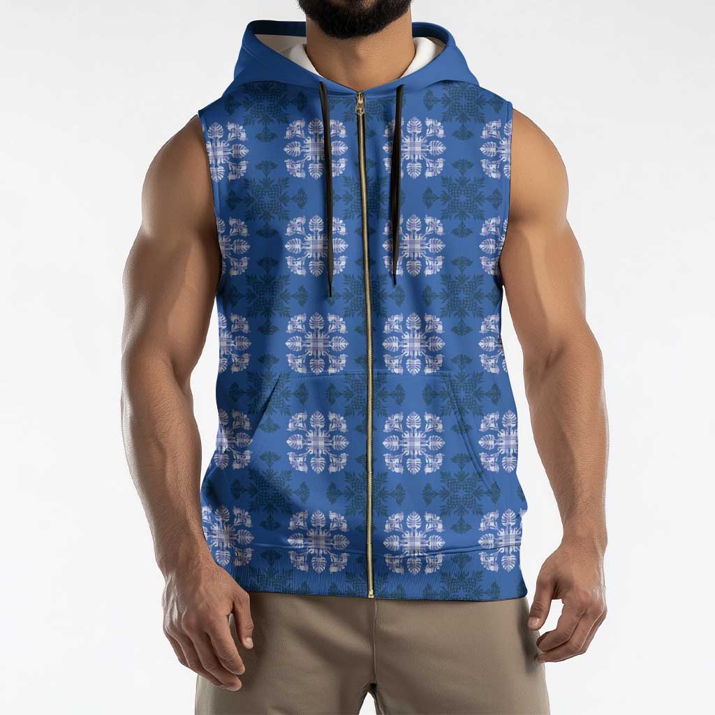 Royal Blue Hawaiian Quilt Sleeveless Zip Hoodie Hawaii Pineapple Monstera Palaka Motifs - Polynesian Pride