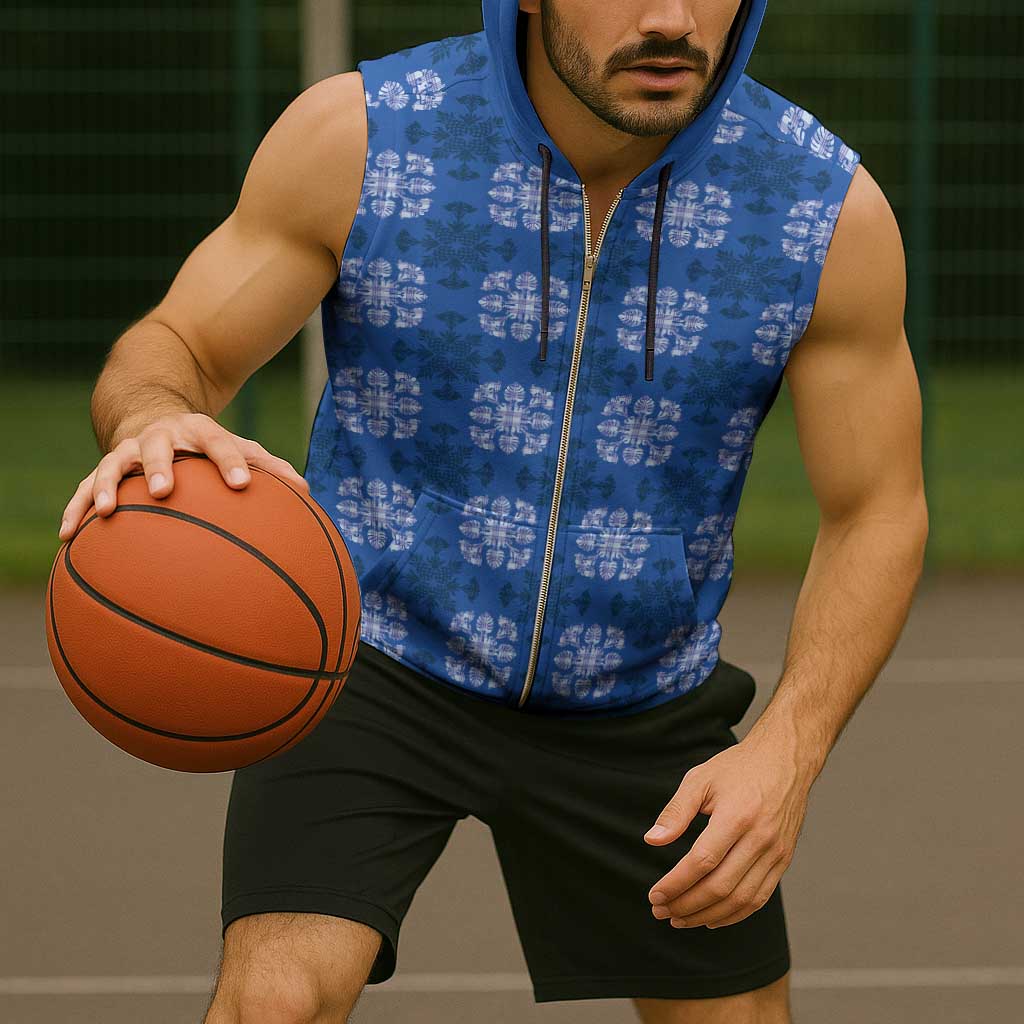 Royal Blue Hawaiian Quilt Sleeveless Zip Hoodie Hawaii Pineapple Monstera Palaka Motifs - Polynesian Pride