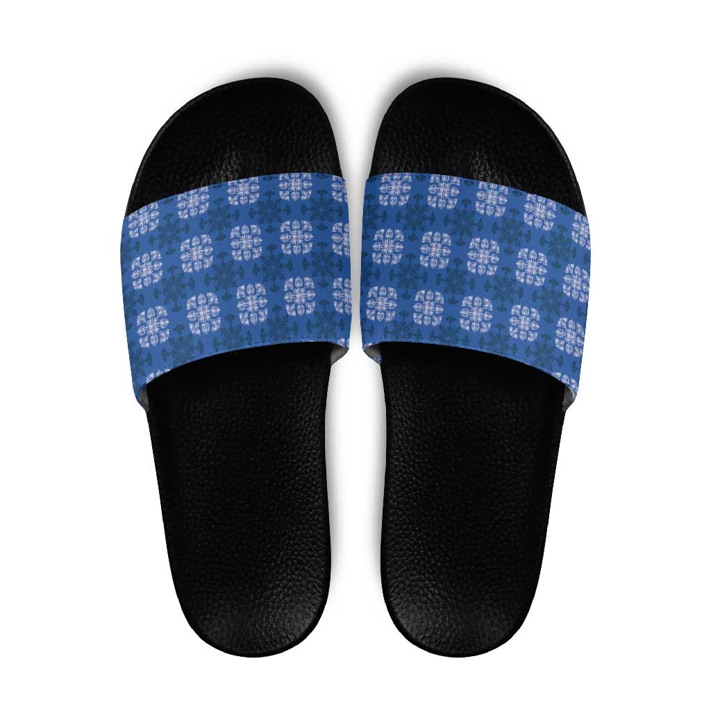 Royal Blue Hawaiian Quilt Slide Sandals Hawaii Pineapple Monstera Palaka Motifs - Polynesian Pride