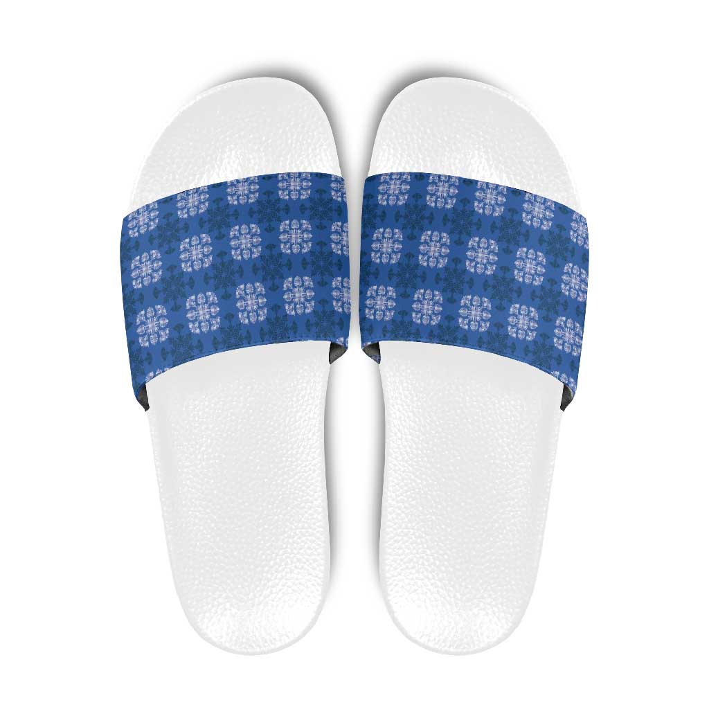 Royal Blue Hawaiian Quilt Slide Sandals Hawaii Pineapple Monstera Palaka Motifs - Polynesian Pride