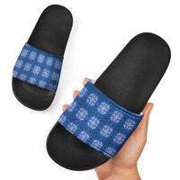 Royal Blue Hawaiian Quilt Slide Sandals Hawaii Pineapple Monstera Palaka Motifs - Polynesian Pride