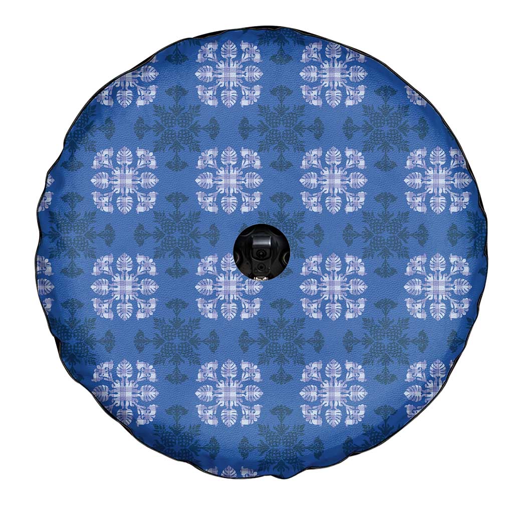 Royal Blue Hawaiian Quilt Spare Tire Cover Hawaii Pineapple Monstera Palaka Motifs - Polynesian Pride