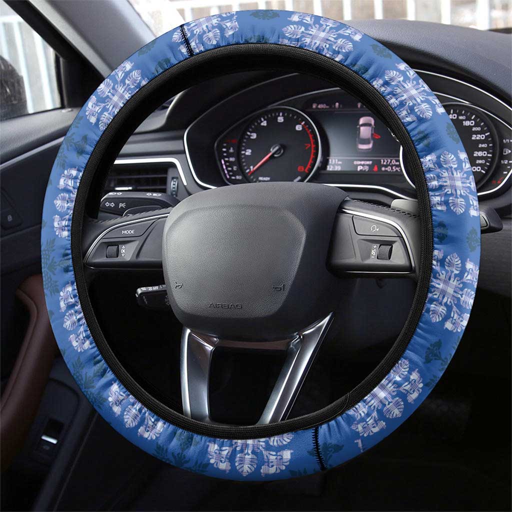Royal Blue Hawaiian Quilt Steering Wheel Cover Hawaii Pineapple Monstera Palaka Motifs - Polynesian Pride