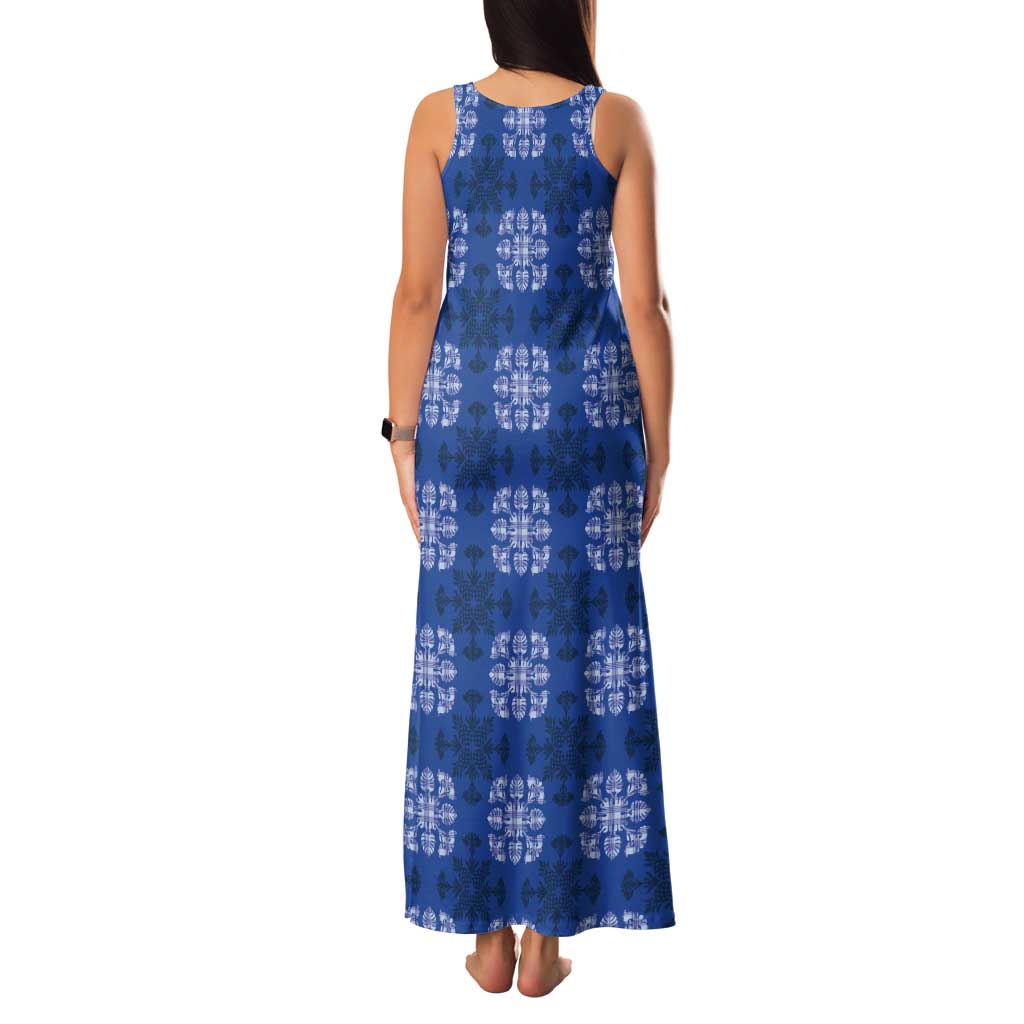 Royal Blue Hawaiian Quilt Tank Maxi Dress Hawaii Pineapple Monstera Palaka Motifs - Polynesian Pride