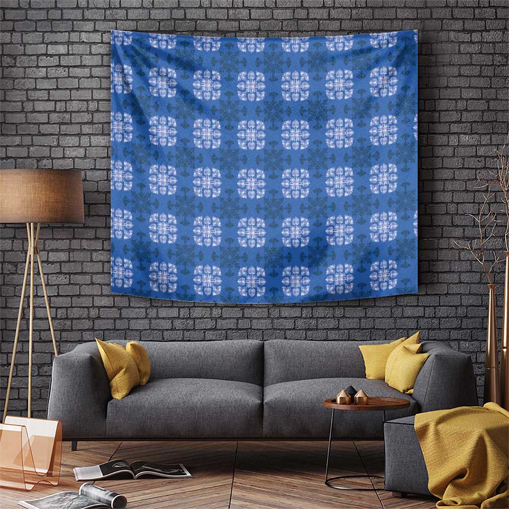 Royal Blue Hawaiian Quilt Tapestry Hawaii Pineapple Monstera Palaka Motifs - Polynesian Pride
