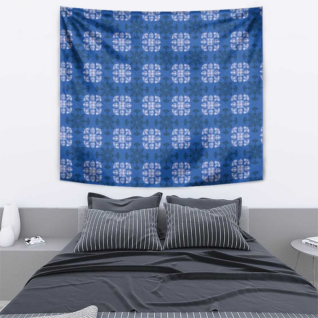 Royal Blue Hawaiian Quilt Tapestry Hawaii Pineapple Monstera Palaka Motifs - Polynesian Pride