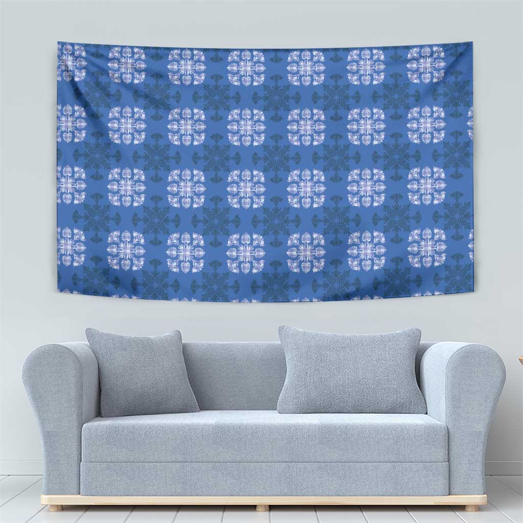 Royal Blue Hawaiian Quilt Tapestry Hawaii Pineapple Monstera Palaka Motifs - Polynesian Pride