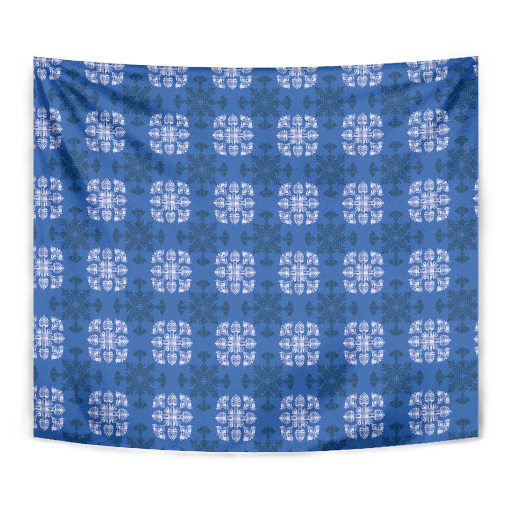 Royal Blue Hawaiian Quilt Tapestry Hawaii Pineapple Monstera Palaka Motifs - Polynesian Pride