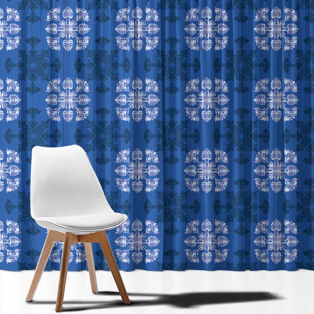 Royal Blue Hawaiian Quilt Window Curtain Hawaii Pineapple Monstera Palaka Motifs - Polynesian Pride
