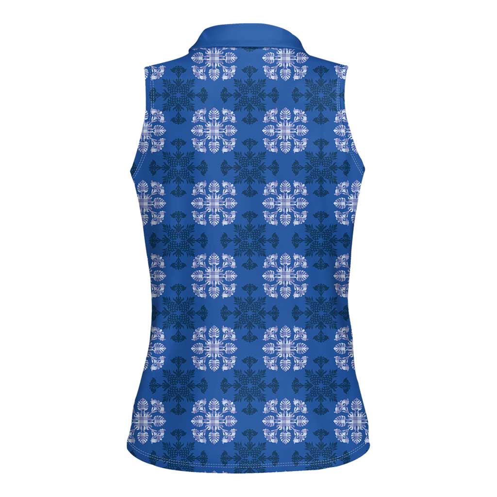 Royal Blue Hawaiian Quilt Women Sleeveless Polo Shirt Hawaii Pineapple Monstera Palaka Motifs - Polynesian Pride