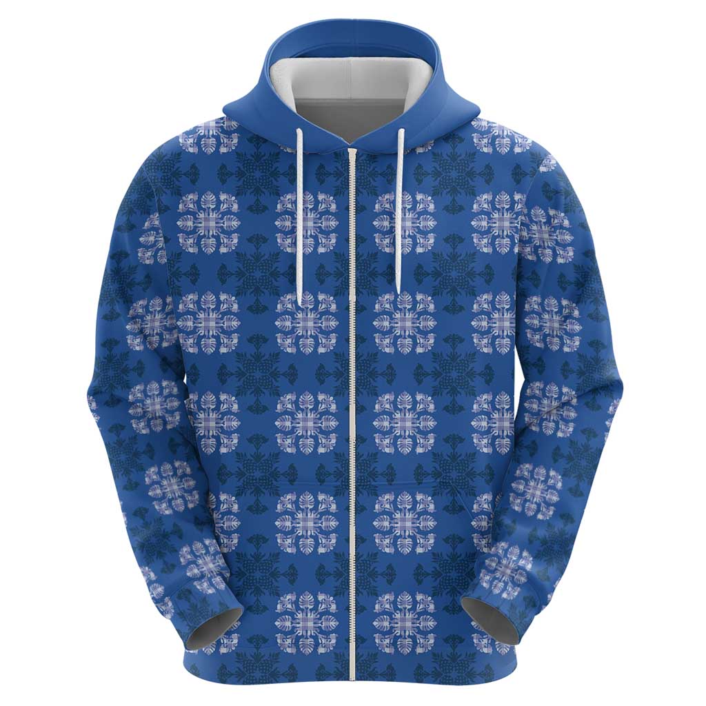 Royal Blue Hawaiian Quilt Zip Hoodie Hawaii Pineapple Monstera Palaka Motifs - Polynesian Pride