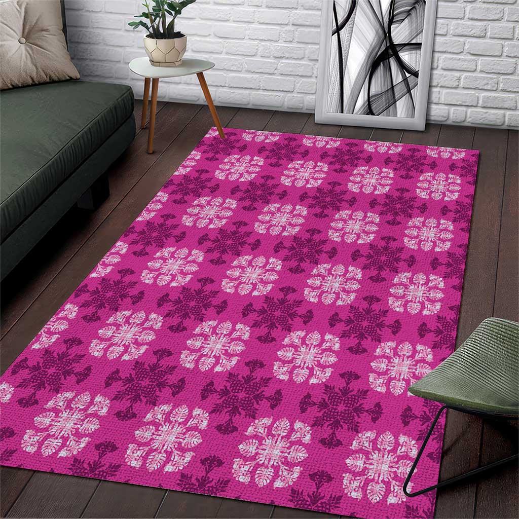 Pink Hawaiian Quilt Area Rug Hawaii Pineapple Monstera Palaka Motifs - Polynesian Pride