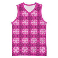 Pink Hawaiian Quilt Basketball Jersey Hawaii Pineapple Monstera Palaka Motifs - Polynesian Pride