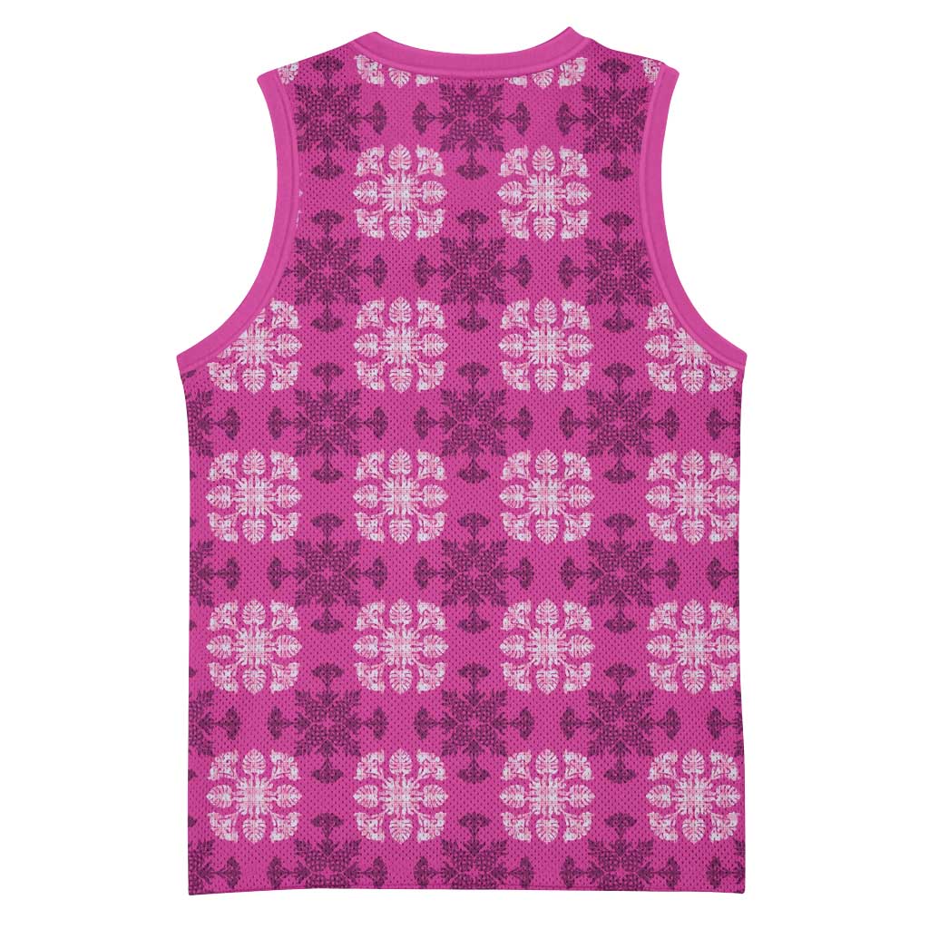 Pink Hawaiian Quilt Basketball Jersey Hawaii Pineapple Monstera Palaka Motifs - Polynesian Pride