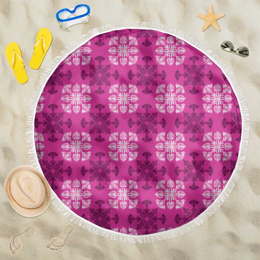 Pink Hawaiian Quilt Beach Blanket Hawaii Pineapple Monstera Palaka Motifs - Polynesian Pride