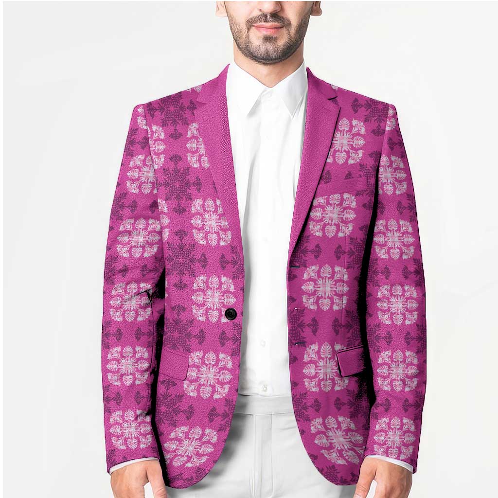 Pink Hawaiian Quilt Blazer Hawaii Pineapple Monstera Palaka Motifs - Polynesian Pride