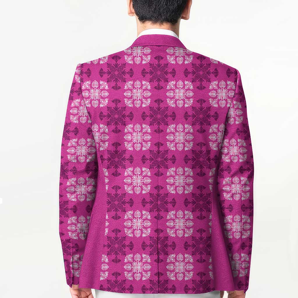 Pink Hawaiian Quilt Blazer Hawaii Pineapple Monstera Palaka Motifs - Polynesian Pride