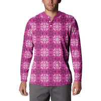 Pink Hawaiian Quilt Button Sweatshirt Hawaii Pineapple Monstera Palaka Motifs - Polynesian Pride