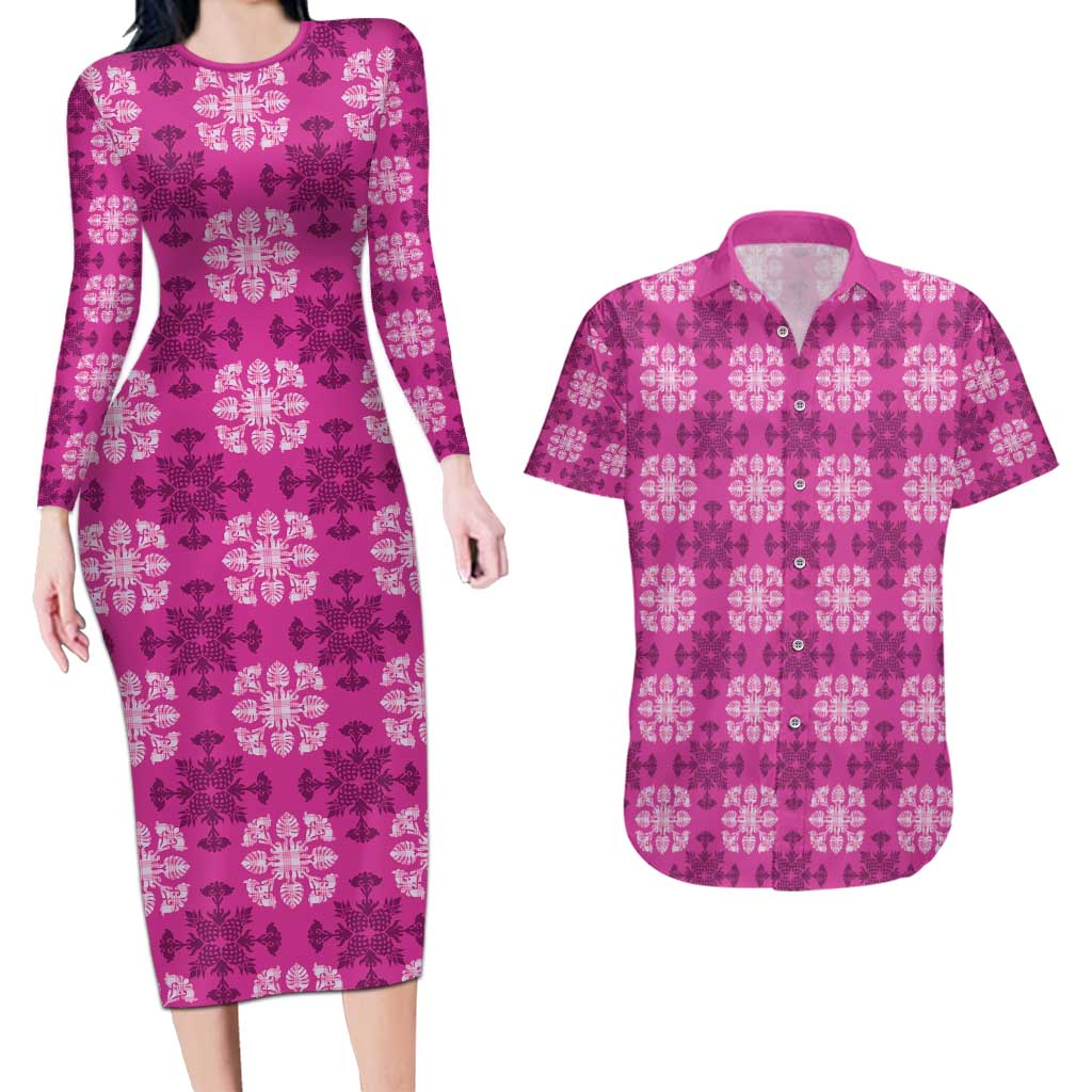 Pink Hawaiian Quilt Couples Matching Long Sleeve Bodycon Dress and Hawaiian Shirt Hawaii Pineapple Monstera Palaka Motifs - Polynesian Pride