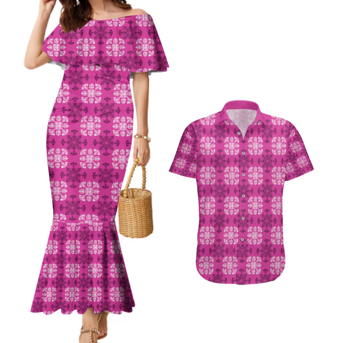 Pink Hawaiian Quilt Couples Matching Mermaid Dress and Hawaiian Shirt Hawaii Pineapple Monstera Palaka Motifs - Polynesian Pride