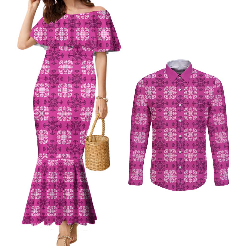Pink Hawaiian Quilt Couples Matching Mermaid Dress and Long Sleeve Button Shirt Hawaii Pineapple Monstera Palaka Motifs - Polynesian Pride