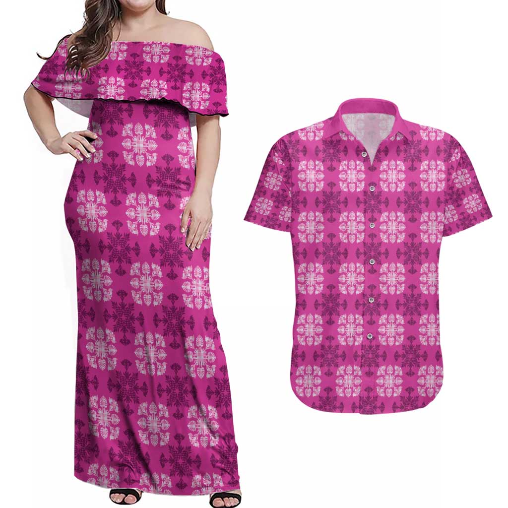 Pink Hawaiian Quilt Couples Matching Off Shoulder Maxi Dress and Hawaiian Shirt Hawaii Pineapple Monstera Palaka Motifs - Polynesian Pride