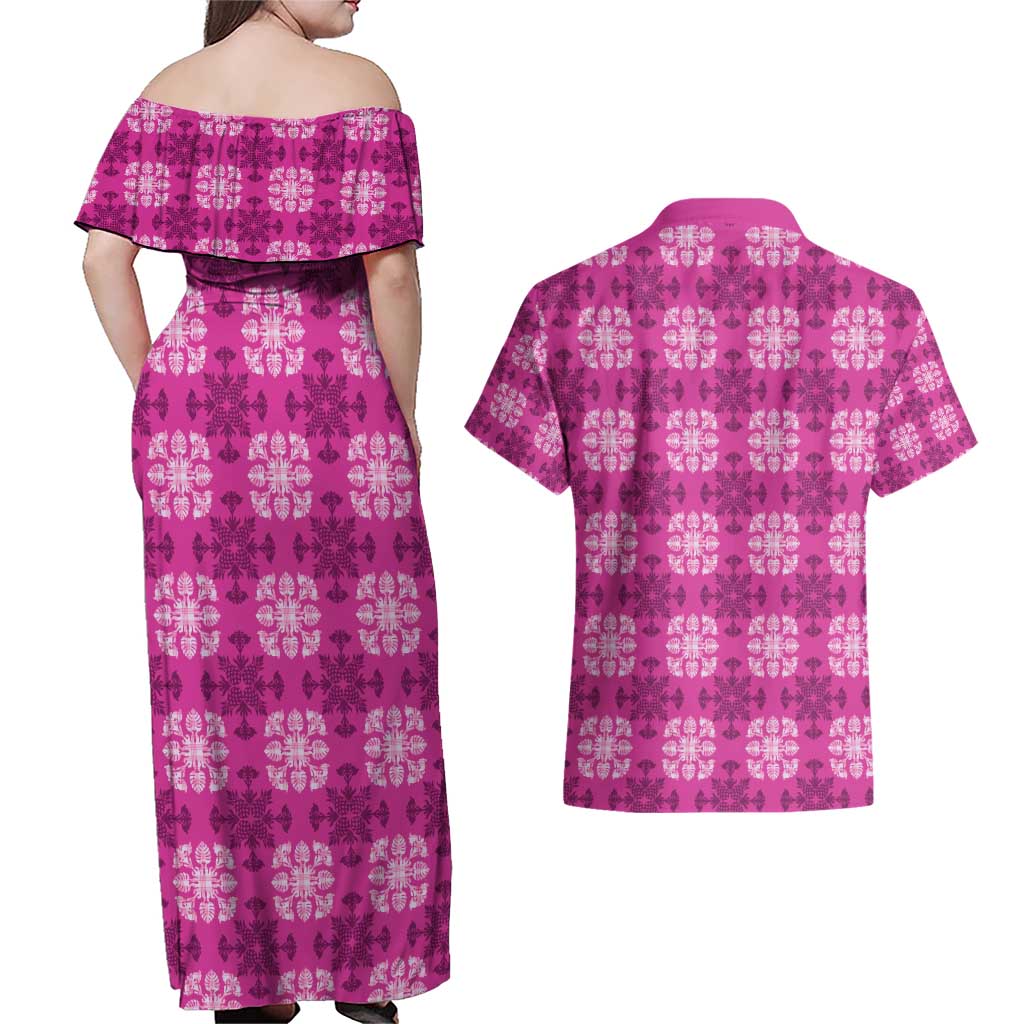 Pink Hawaiian Quilt Couples Matching Off Shoulder Maxi Dress and Hawaiian Shirt Hawaii Pineapple Monstera Palaka Motifs - Polynesian Pride