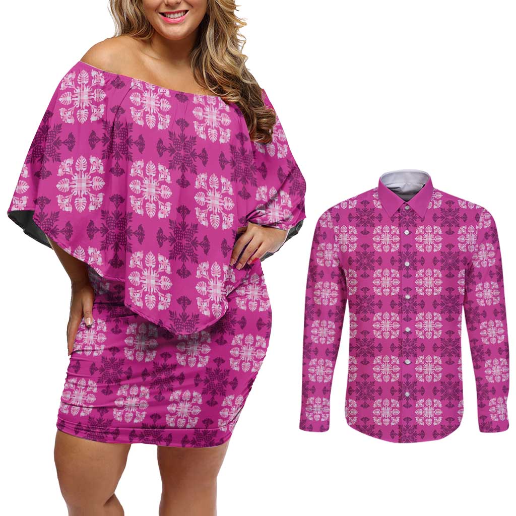 Pink Hawaiian Quilt Couples Matching Off Shoulder Short Dress and Long Sleeve Button Shirt Hawaii Pineapple Monstera Palaka Motifs - Polynesian Pride