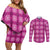 Pink Hawaiian Quilt Couples Matching Off Shoulder Short Dress and Long Sleeve Button Shirt Hawaii Pineapple Monstera Palaka Motifs - Polynesian Pride