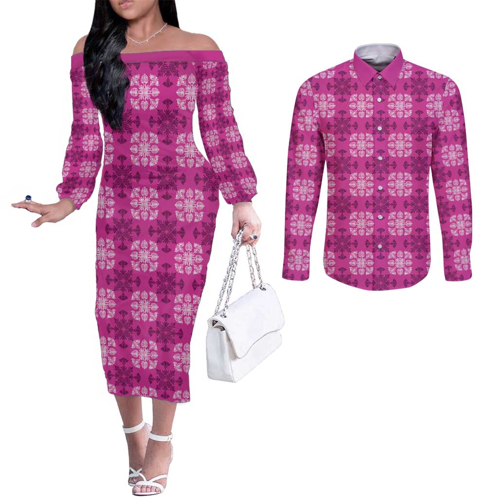 Pink Hawaiian Quilt Couples Matching Off The Shoulder Long Sleeve Dress and Long Sleeve Button Shirt Hawaii Pineapple Monstera Palaka Motifs - Polynesian Pride