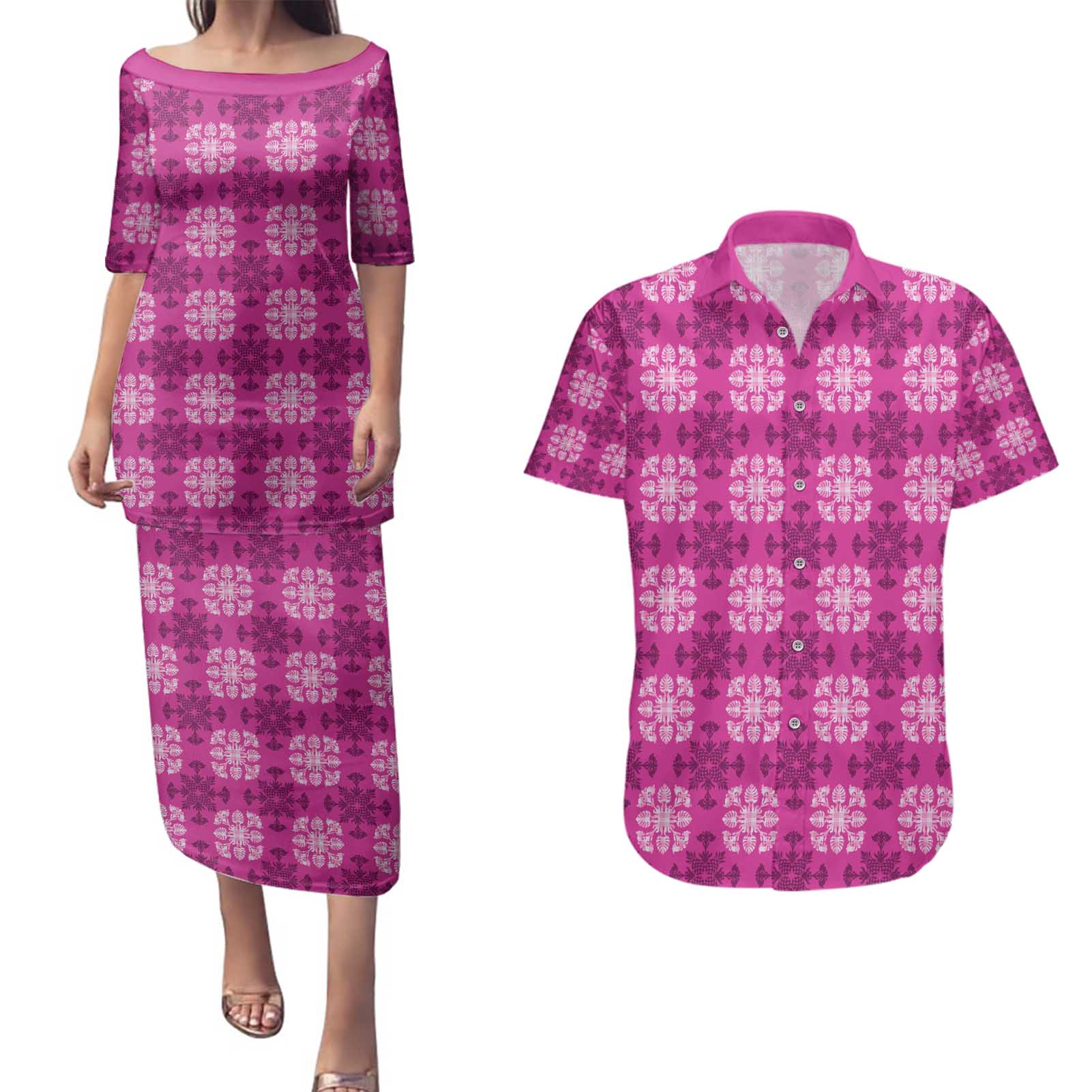 Pink Hawaiian Quilt Couples Matching Puletasi and Hawaiian Shirt Hawaii Pineapple Monstera Palaka Motifs - Polynesian Pride