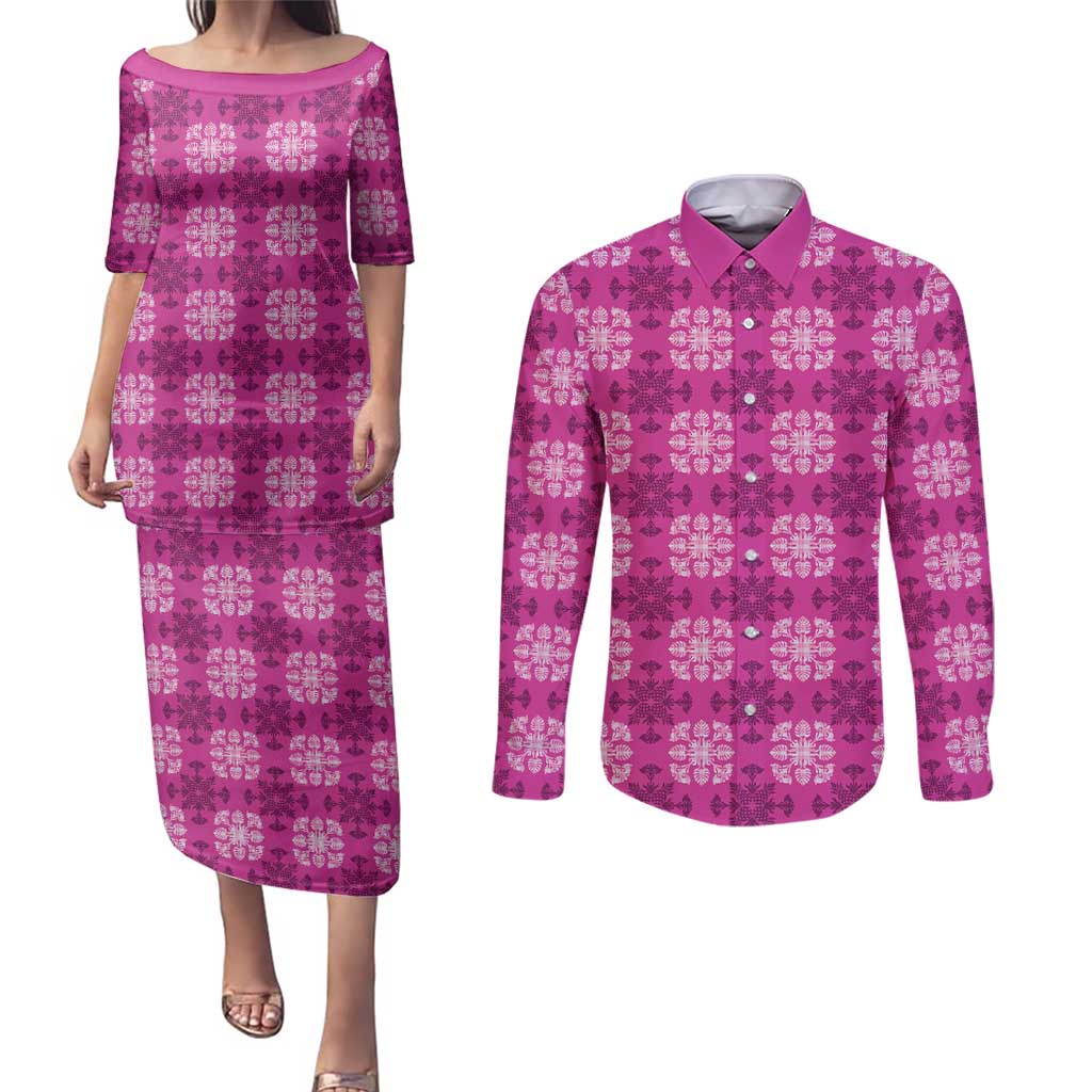 Pink Hawaiian Quilt Couples Matching Puletasi and Long Sleeve Button Shirt Hawaii Pineapple Monstera Palaka Motifs - Polynesian Pride