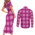 Pink Hawaiian Quilt Couples Matching Short Sleeve Bodycon Dress and Long Sleeve Button Shirt Hawaii Pineapple Monstera Palaka Motifs - Polynesian Pride